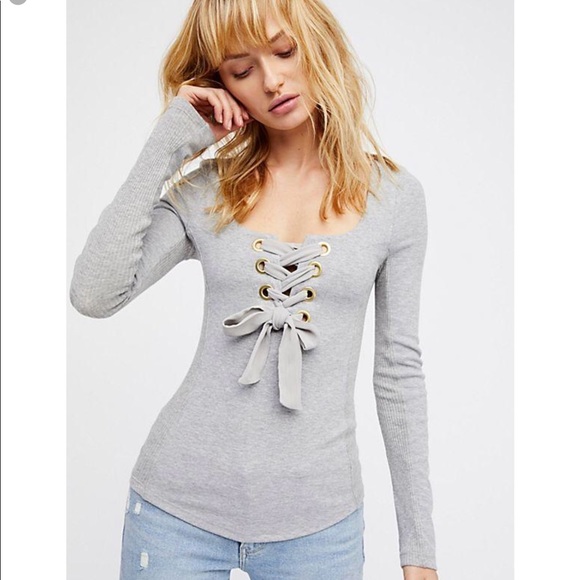 Free People NWOT Looking Back Gray Lace Up top - Picture 2 of 8